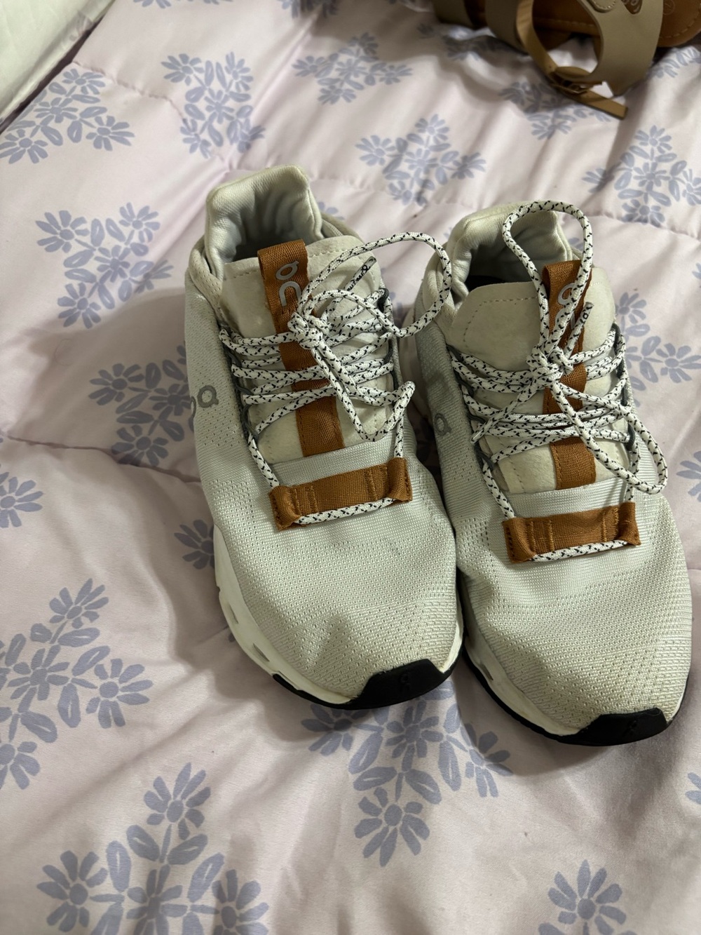 On Cloud Running Sneakers in White with Tan Accents